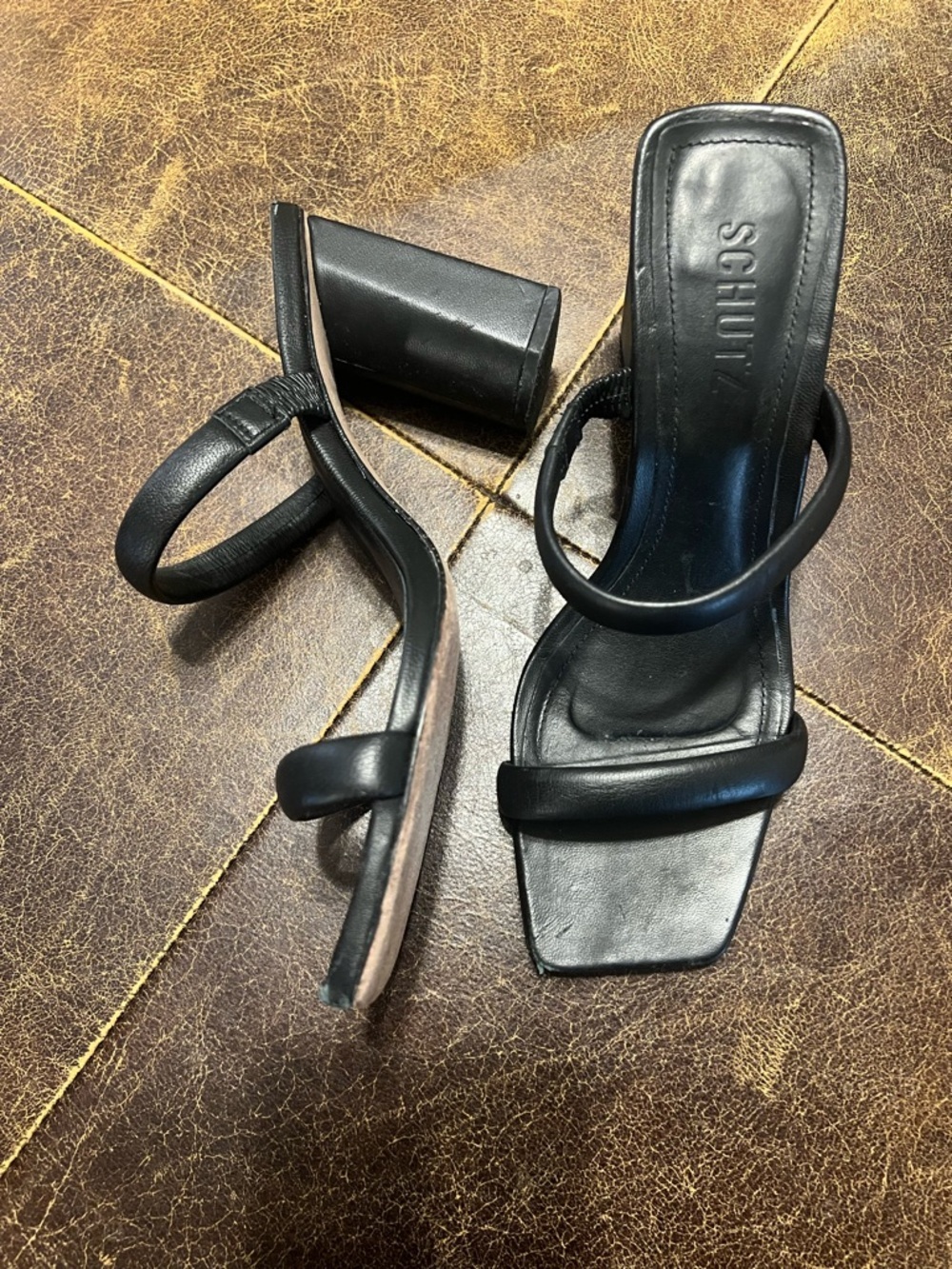 Schutz Ully Black Leather Square Toe Block Heel Sandals 7.5 Minimalist 90s - Picture 3 of 10